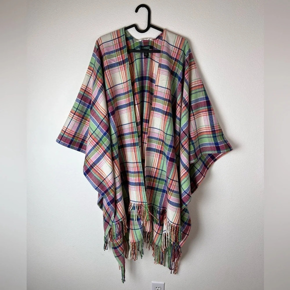 Lauren Ralph Lauren Pocho Plaid Blanket Scarf Easter Spring Pink Green Tassels - Picture 1 of 12